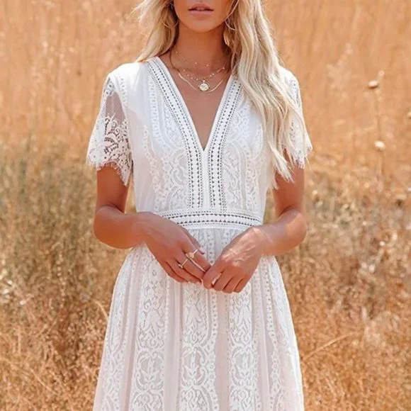 Rock Springs Clothing Dresses New White Lace Short Sleeve Maxi